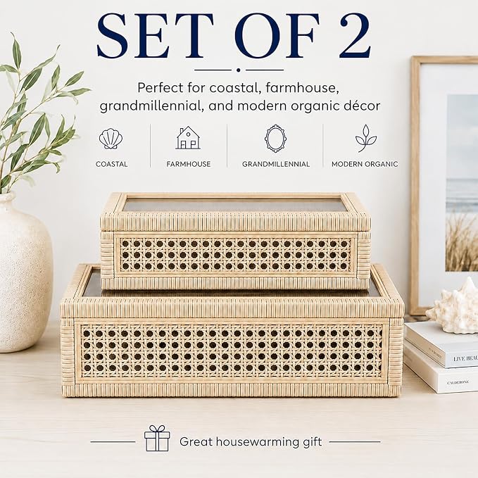 Rattan Decorative Boxes with Glass Lids | Set of 2 Handwoven Wood Display Storage Box for Keepsakes,Shelf Bedroom Coffee Table Home Decor, Boho Style