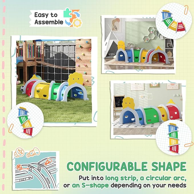 Qaba Lion Tunnel, Toddler Tunnel for Kids Crawl and Climb Through, Kids' Play Structure Indoor Outdoor, 4 Sections, Multicolored