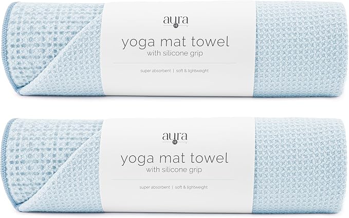 S&T INC. Aura Yoga Mat Towel with Non-Slip Grip, Enhanced Silicone Grip, Soft and Absorbent for Gym, Pilates, and Hot Yoga Mat, 2 Pack, 24 inches x 72 inches, 340GSM, Blue