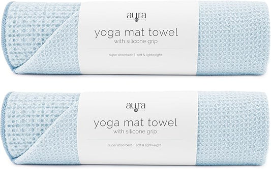 S&T INC. Aura Yoga Mat Towel with Non-Slip Grip, Enhanced Silicone Grip, Soft and Absorbent for Gym, Pilates, and Hot Yoga Mat, 2 Pack, 24 inches x 72 inches, 340GSM, Blue
