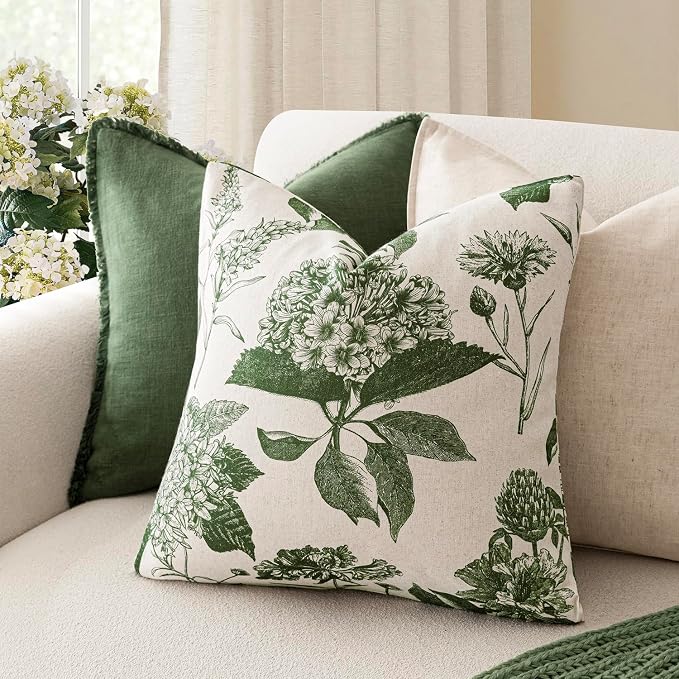 Foindtower Set of 2 Linen Floral Throw Pillow Covers Neutral Vintage Print Decorative Cozy Cushion Covers Farmhouse Boho Home Decor for Sofa Chair Couch Bedroom Living Room,22×22 Inch,Dark Green