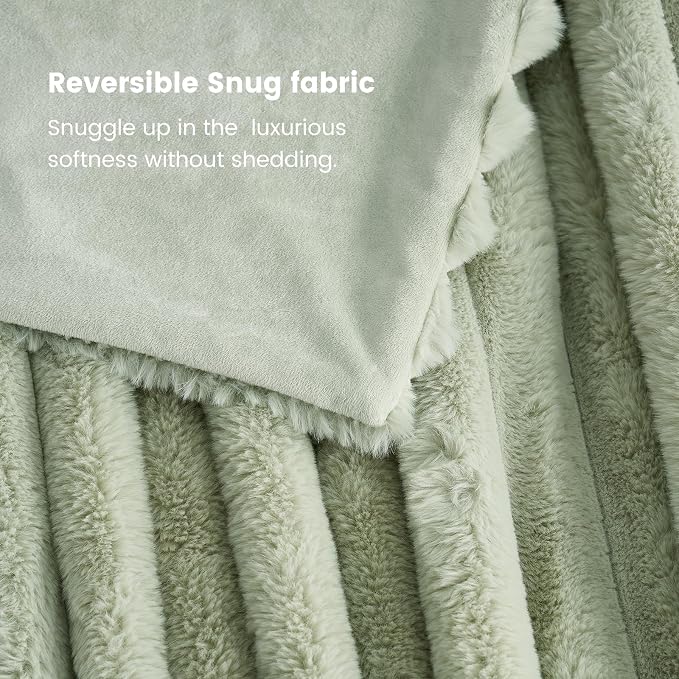 Cozy Bliss Faux Fur Throw Blanket for Couch, Cozy Warm Plush Striped Blanket for Sofa Bedroom Living Room, 60 * 80 Inches Sage Green