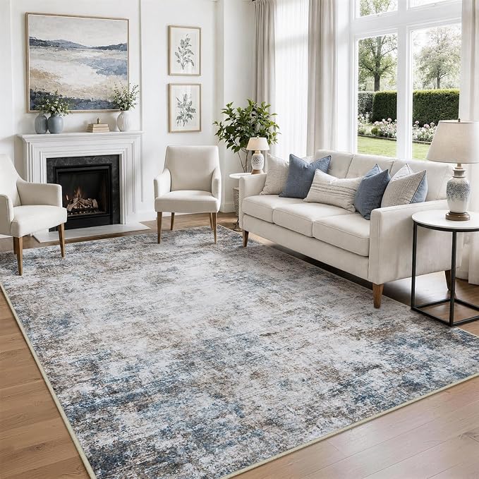 6x9 Area Rugs for Living Room Rug Washable: Abstract Rug for Dining Room Bedroom Carpet Non Slip 6 by 9 Indoor Modern Nursery Home Office White Brown Blue
