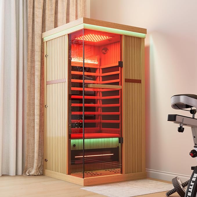 MEISSALIVVE Full Spectrum Infrared Sauna，1 Person Home Sauna，Canadian Hemlock Wood Indoor Spa Sauna with Resonance Speaker and Tempered Glass
