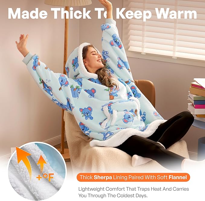 Giggling Getup Wearable Blanket Hoodie for Adults Gifts for Teen Girls Sister Women Sherpa Fleece Printed Hooded Blanket Sweatshirt Warm Cozy with Pocket & Sleeves Sky Blue Koala