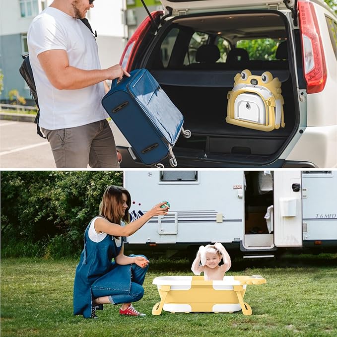 Collapsible Baby Bathtub for Newborns to Toddler with Real-time Temp Monitor & Floating Cushion,Portable Travel Tub Foldable Baby Bath Tub for Infants (Yellow)