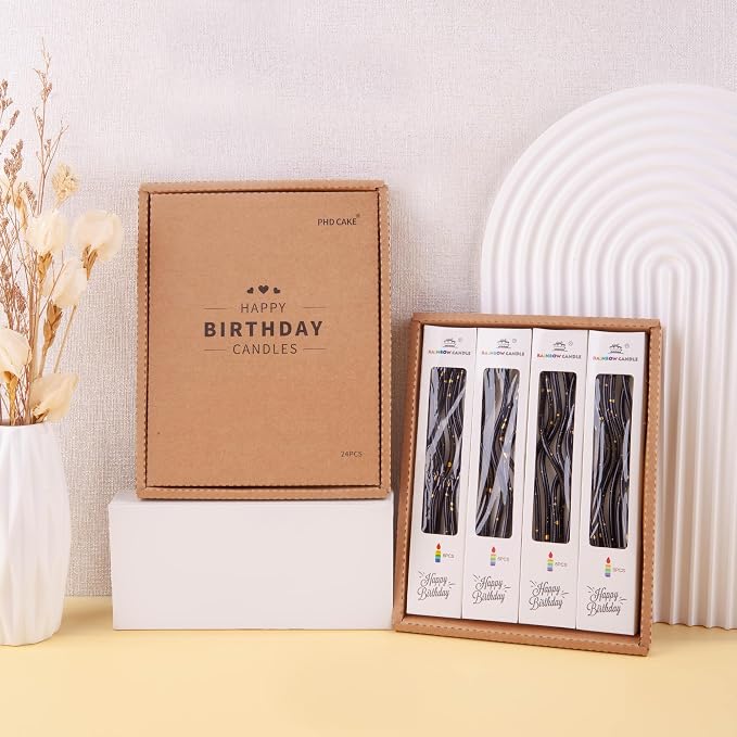 PHD CAKE 24-Count Black Gold Spiral Long Thin Birthday Candles, Cake Candles, Birthday Parties, Wedding Decorations, Party Candles