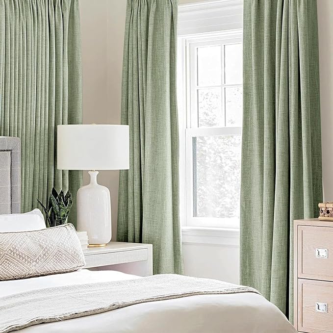 MIULEE Linen Texture 90 Inches Curtains for Bedroom 100% Blackout Thermal Insulated Sage Green Curtains Grommet Room Darkening Curtains/Draperies for Living Room 52x90 Inch (2 Panels)