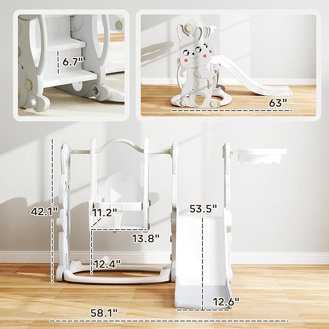 Qaba 4 in 1 Toddler Slide and Swing Set, Kids Playset for Ages 1.5-4, Rabbit Themed Children Slide Playground with Climber, Basket Hoop, for Indoor Outdoor Backyard, Gray