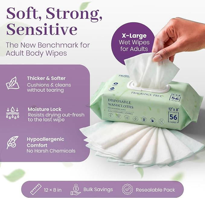 Extra Large Adult Wipes for Elderly - 6 Packs of 56 [336 Count] 12" x 8" Disposable Washcloths, Extra Thick Body Wipes for Bathing No Rinse, Fragrance Free Hypoallergenic for Sensitive Skin, ProHeal