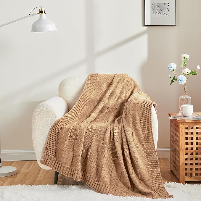 CozeCube Beige Knitted Checkered Throw Blanket 60"X80" | Check Knit Throw for Couch, Decorative Christmas Soft Cozy Warm Blanket for Bed Sofa Living Room