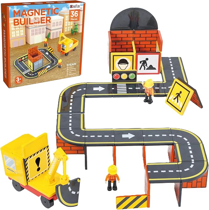 Magnetic Road & Construction Set with Crane – 36-Piece STEM Building Tiles for Kids Ages 3-7, Montessori Learning Toy with Workers & Car