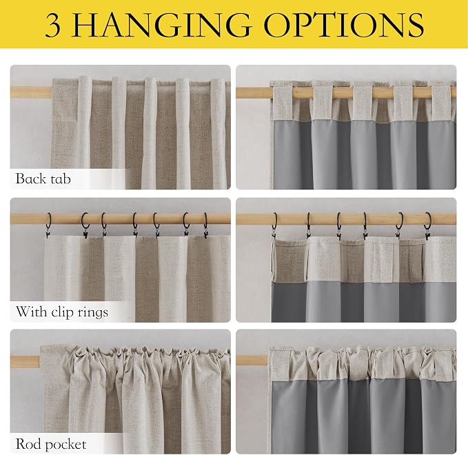 NICETOWN 100% Blackout Linen Curtains for Bedroom, W52 x L90 per Panel, Thermal Insulated & Privacy Living Room Curtains with Grey Liner, Linen Blend Draperies Farmhouse Style, 2 Panels, Natural