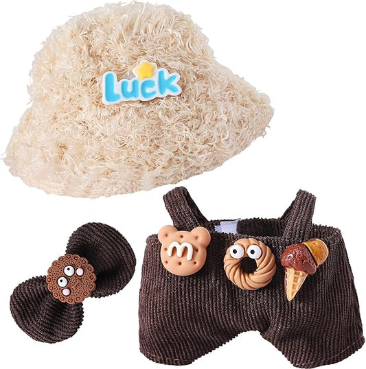 17cm Doll Clothes Set 3Pcs - Chocolate Donut Overalls, Hat & Bow, Brown Cute Outfit for 6-7inches Dolls (NO Doll) Sweet Style Dress Up Accessories