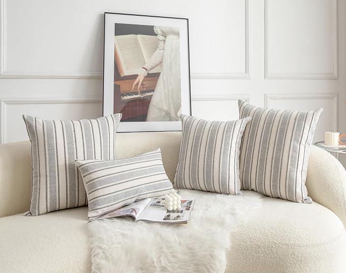 Cethom Decorative Boho Throw Pillow Covers, Farmhouse Textured Pillow Case, 18 x 18 Inch Set of 2, Chair Sofa Bedroom Living Room Home Decor Couch Cushion Case, Grey and Beige Striped