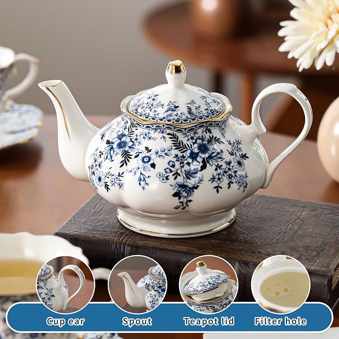 TATSUMI Country Roses Porcelain Tea Set, European Ceramic tea set for one or two,Vintage Style, For Women and Tea Parties (BLUE, 7 Pieces Set)