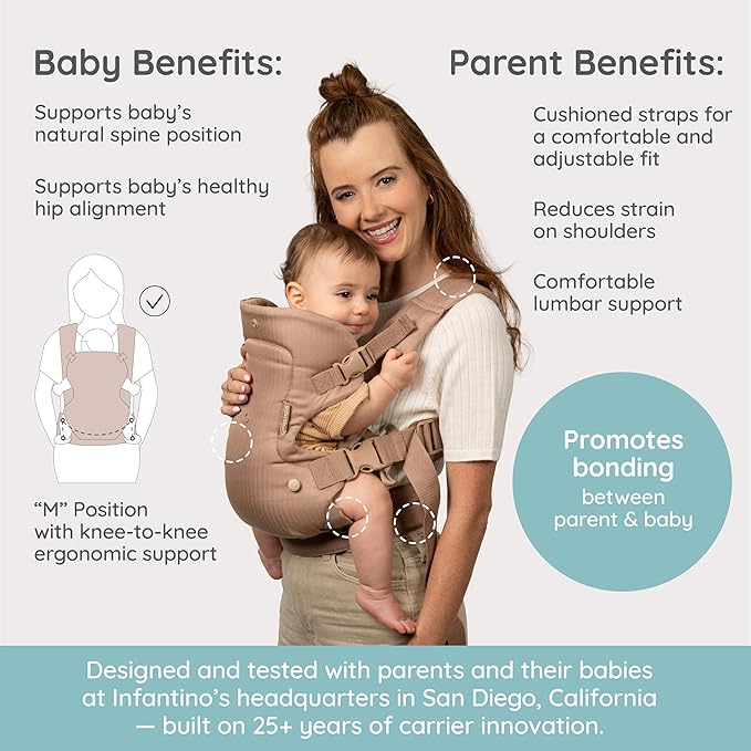 Infantino Flip Luxe 4-in-1 Convertible Baby Carrier, Ergonomic Infant to Toddler Carrier, Updated Lumbar Support, Premium Herringbone Fabric, Elevated Accents, Hands-Free Comfort, 7–35 lbs, Affogato