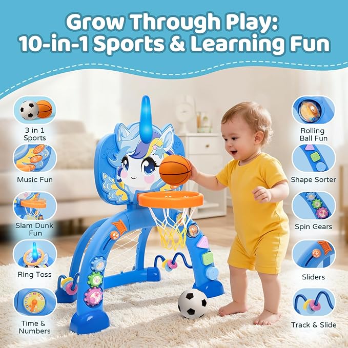 Fabeto Basketball Hoop & Soccer Goal for Toddlers – 3-in-1 Sports Play Set with Ring Toss | Indoor Outdoor Activity Toy for 1 2 3 Year Old Boys | Birthday for Active Play (Blue)