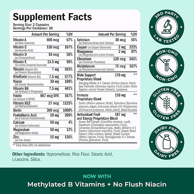Methylated Multivitamin for Men with Bioavailable Vitamins, Chelated Minerals, Vitamin D, B12, C, A & Zinc for Energy, Focus and Immune Health – Premium Mens Multivitamins & Multiminerals – 60 Caps