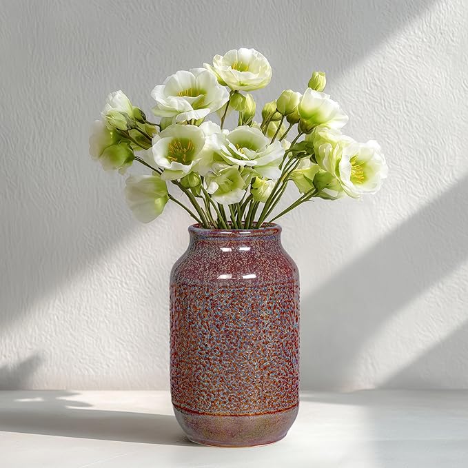Brown Ceramic Vase for Home Decor - 9 Inch Farmhouse Pottery Vase for Pampas Grass, Decorative Vases for Flowers, Farmhouse Decor, Kitchen, Mantle, Fall Decoration