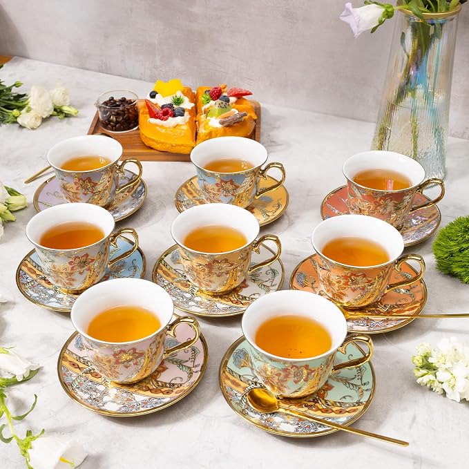 Tea Cups and Saucers Set of 8, 8 OZ Floral Tea Cup with Saucer, Vintage Tea Cups Porcelain Tea Set with Spoon for Latte , Mocha , Afternoon Tea Birthday Party Supply Thanksgiving Day Halloween gifts