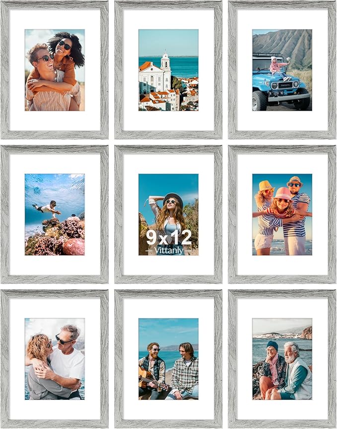 Vittanly 9x12 Picture Frames Set of 9 for Wall or Tabletop Display, Grey | Display Pictures 6x8 with Mat or 9x12 without Mat, Engineered Wood with Shatter Resistant Plexiglass, Gallery Photo Frames
