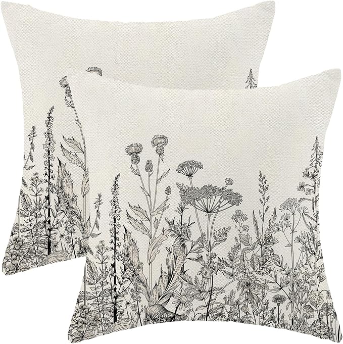 AEIOAE Black White Gray Pillow Covers 16x16 Inch Set of 2, Spring Wildflower Plant Throw Pillows Case,Seasonal Floral Outdoor Decorative Flowers Farmhouse Decor Cushion Covers for Home Sofa Bed Couch