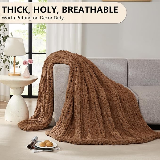 L'AGRATY Chunky Knit Throw Blanket for Couch, 50'' x 60'' Knit Throw, Brown | Handmade Chenille Crochet Blanket for Sofa Bed, Thick Cable Knitted Blankets for Room Home Decor, Birthday Gift for Women Mom