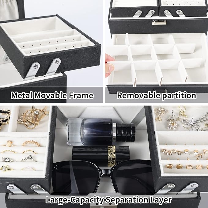 Jewelry Organizer Box, Large Jewelry Boxes for Women Girls, Space-Saving 4 Layers Jewelry Storage Case with Drawer, Movable Metal Stand, Modern, Gift Idea (Black + Silver)