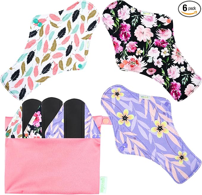 wegreeco Reusable Menstrual Pads - Reusable Sanitary Pads | Reusable Panty Liners | Soft Cloth Menstrual - 6 Pack with 1 Cloth Mini Wet Bag (X-Large, Flower 02)