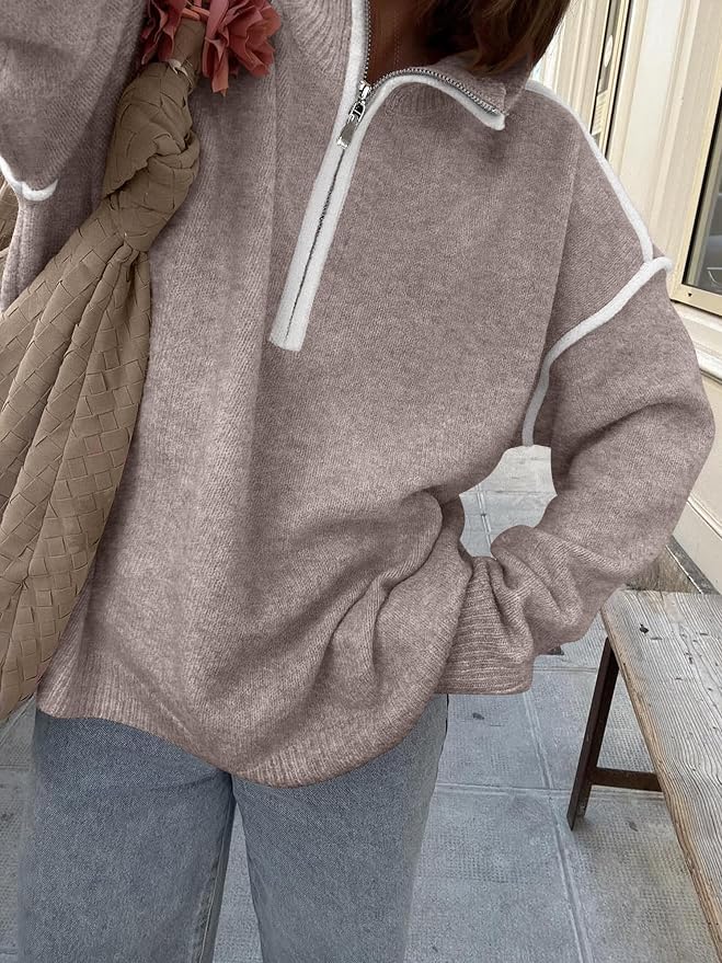 ANRABESS Womens Quarter Zip Sweaters Fall Long Sleeve V Neck Shirts Collared Business Casual Tops Knit Pullover Sweatshirts