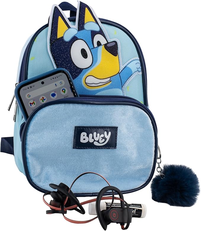 AI ACCESSORY INNOVATIONS Bluey 9” Micro Mini Backpack Purse Featuring a 3D Bluey Glitter Patch with Pom Pom Dangle, Blue