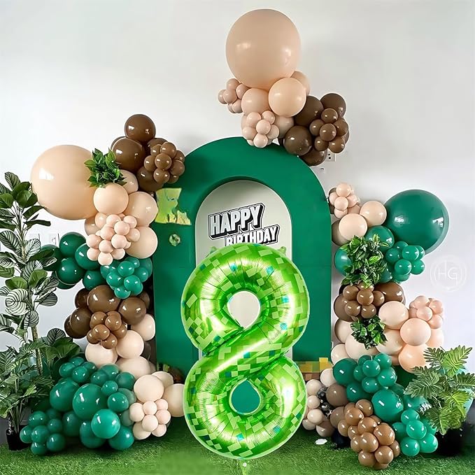 Number 8 Balloons 40 Inch, Gaint Cartoon Lime Green Pixel 8 Balloon Number for Boys 8th Birthday Decorations, Dark Kelly Green Foil 8 Balloon for Kids 8 Year Old Birthday Video Game Golf Party Decor