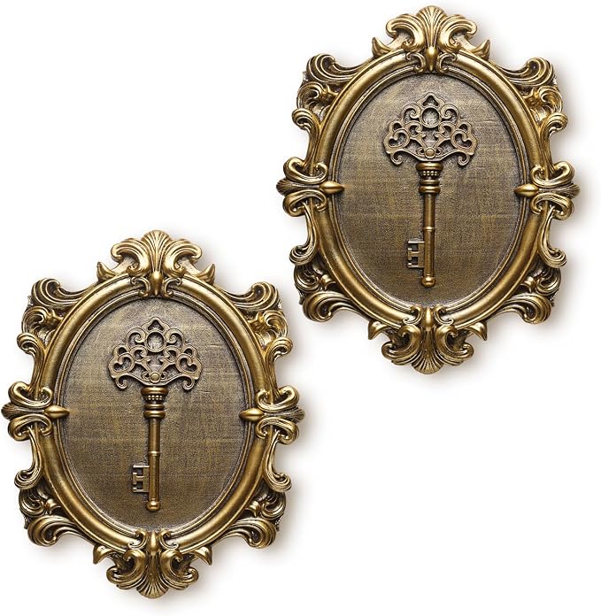 Vintage Key Wall Sculptures 2 Pack Antique Wall Decor Hallway Wall Art for Home Hand Painted Decoration with Embossed Key Design Vintage Decor for Living Room Bedroom Gallery Unique Gifts (Gold keys)