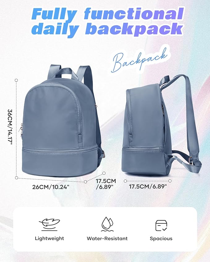 Small Gym Backpack for Women, Office-to-Gym Casual Daypack with Shoe Compartment, Lightweight Water Resistant Small-Size Bag, Clean Fit Style Work Backpack for Daily Use, Blue