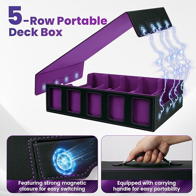 Trading Card Storage Box with Handle,5-Row Portable Leather Deck Case for 4000+ Cards,Purple Card Collection Box with Commander Display Window for MTG,Yugioh, and Sports Cards,Gifts for Card Collector