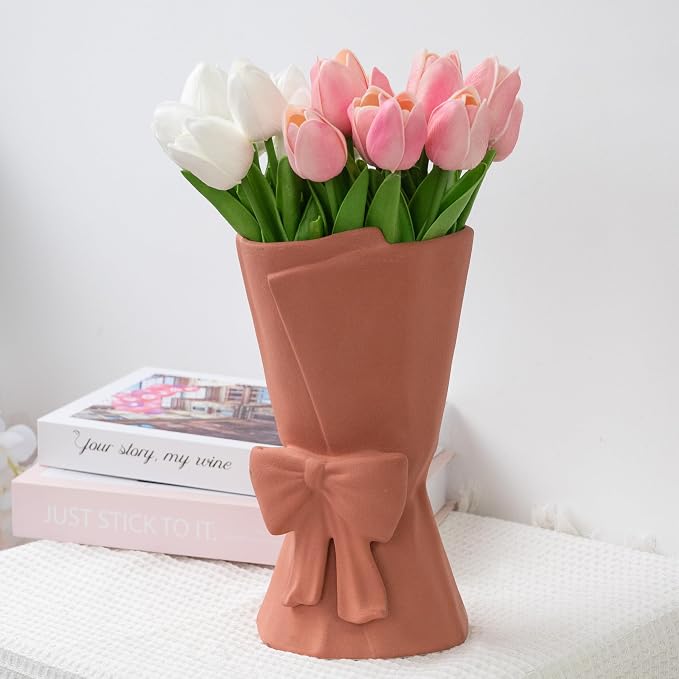 Relexome Pink Ceramic Bow Vase 9.64 in Unique Cute Modern Decorative Bouquet Flower Vases for Home Living Room Table Decor Women Girl Gifts
