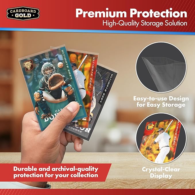 Cardboard Gold Penny Sleeves for Trading Cards - 400 Count Card Protector Sleeves with Durable, Crystal-Clear Plastic for Baseball, Sports, Collector, Standard-Sized Cards 2-5/8” x 3-5/8” (67x94mm)