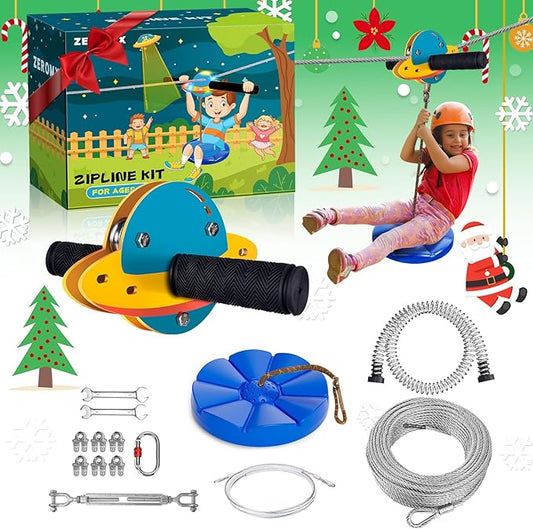Zip Line Kit for Kids and Adults Outdoor, UFO Trolley 75/100/120/150ft Zipline for Backyard, Up to 350 Lbs, Included Swing Seat, Ziplines Stainless Steel Brake and Safety Cable