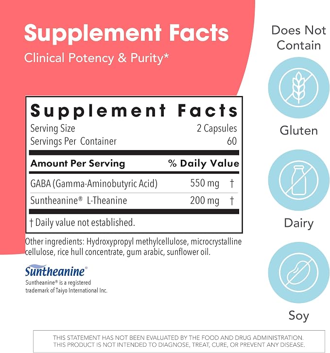 Allergy Research Group ARG 200 mg of Zen - Supports Calm and Stress Balance - Delivers 200 mg L-Theanine & 550 mg GABA per Serving - Vegetarian & Hypoallergenic - 60 Servings - 120 Capsules