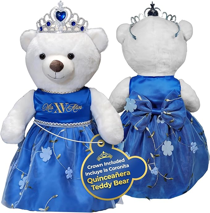 Quinceañera Teddy Bear 18-inches Tall with Dress for 15th Birthday, Quince Bear with Matching Crown, Ideal Keepsake for 15th Birthday, Mis XV Años - Dark Blue