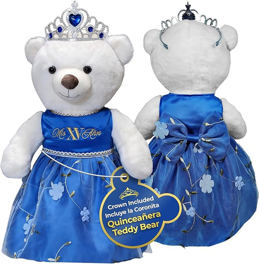 Quinceañera Teddy Bear 18-inches Tall with Dress for 15th Birthday, Quince Bear with Matching Crown, Ideal Keepsake for 15th Birthday, Mis XV Años - Dark Blue