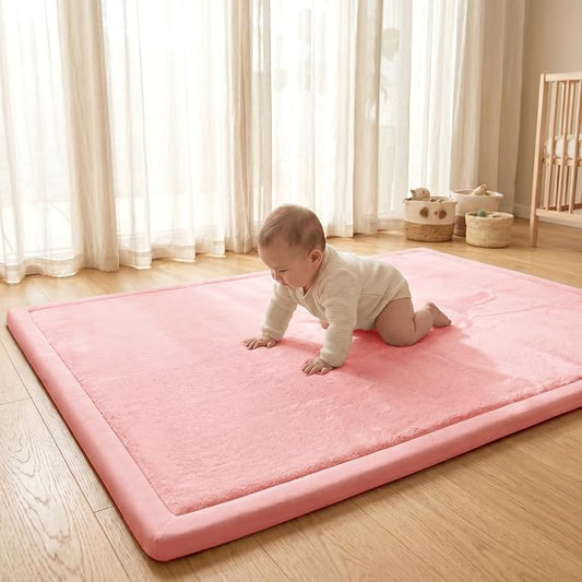 ACOMOPACK Baby Play Mat for Floor 1.3" Thick Memory Foam Play Mat 79"×157" Tummy Time Crawling with Non-Slip Bottom for Living Room,Nursery,Soft Velvet Playpen Mats for Kids,Infants（Pink）