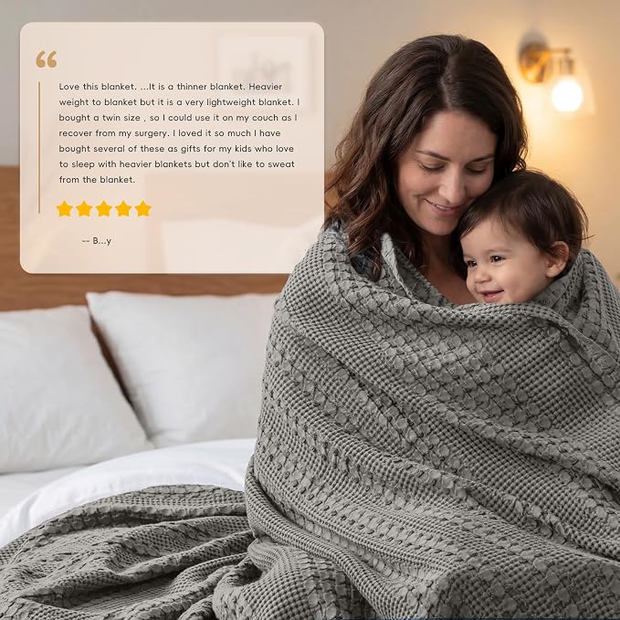 PHF 100% Cotton Waffle Weave Blanket Queen Size, Lightweight Breathable Summer Blanket for Hot Sleepers, Pre-Washed Soft Layer for Bed, Couch, Aesthetic Home Decor & Gift, 90"x90", Dark Grey