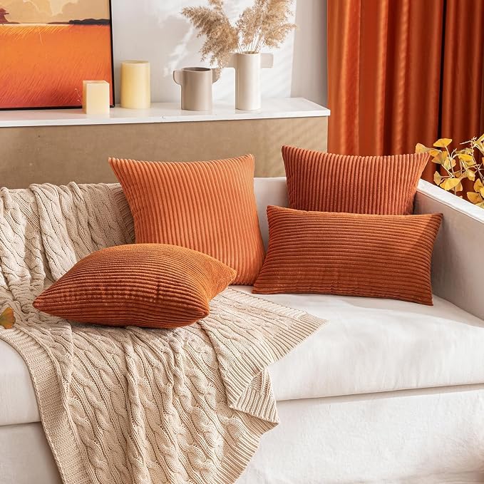 MIULEE Fall Euro Corduroy Throw Pillow Covers Set of 2 24x24 Rust | Soft Striped Textured Cushion Cases, Boho Rustic Square Pillowcases for Home Decor, for Couch Chair Sofa Bed Living Room