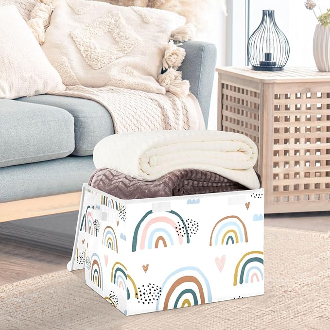 Cartoon Rainbow Storage Bins with Lids and Carrying Handle,Foldable Storage Boxes Organizer Containers Baskets Cube with Cover for Home Bedroom Closet Office