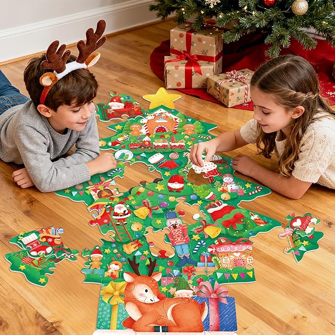 Christmas Puzzles with 48 Large Pieces - Christmas Tree Shaped Floor Puzzle for Party Decorations, Gifts, and Classroom Activities