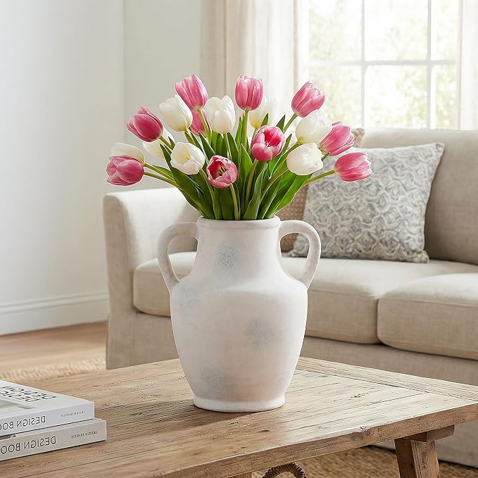 Ceramic Flower Vase with Handles, 8.66 inch Tall Ceramic Vase Farmhouse Rustic Vases Decorative Pottery Vases for Home Decor Living Room Bookshelf Table Centerpiece Desk Bathroom Fireplace, White