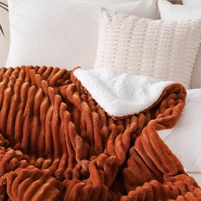 Burnt Orange Sherpa Fleece Throw Blanket 50”×60”for Couch Sofa Bed | Double Side Soft Fuzzy Cozy Plush Thick Flannel Blanket with Striped Design Gift for Adults,Woman