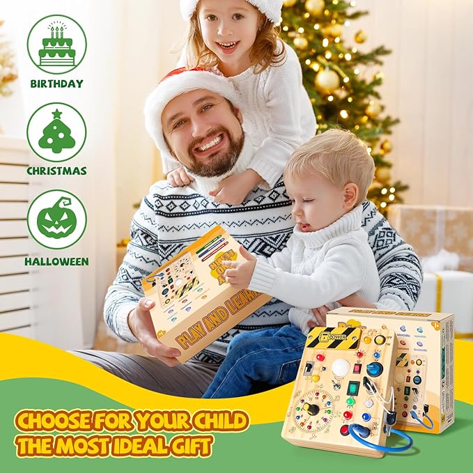 Busy Board, Montessori Toy for 1-3 Years Old, Wooden Toddler Sensory Travel Toy, Ideal Gift for 1+ Year Old Boys (Busy Board Plus V2), Medium, Yellow